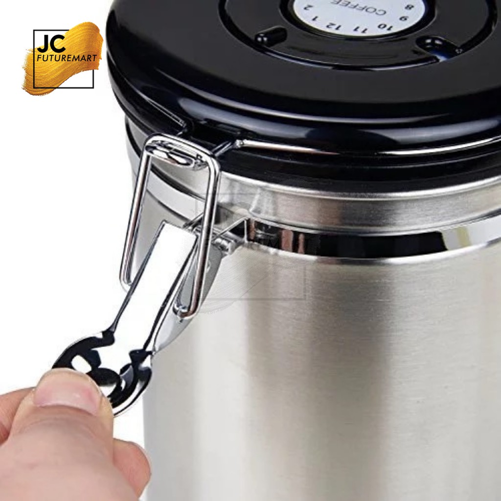 COFFEE STORAGE WITH VALVE + DATE 1200ML - TOPLES KOPI KEDAP UDARA - STAINLESS