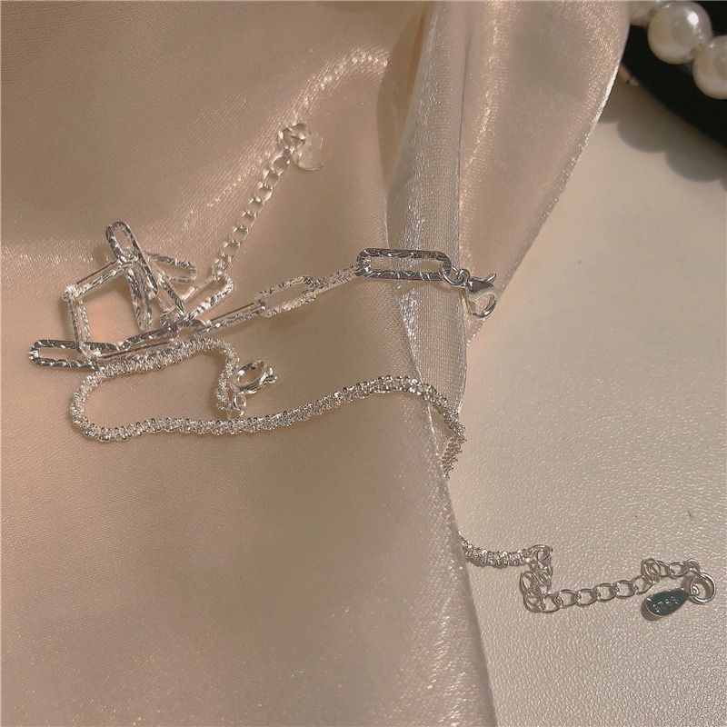 AY(CN) 2pcs / Set Gelang Rantai Lapis Ganda Warna Silver Gaya Korea Untuk Wanita