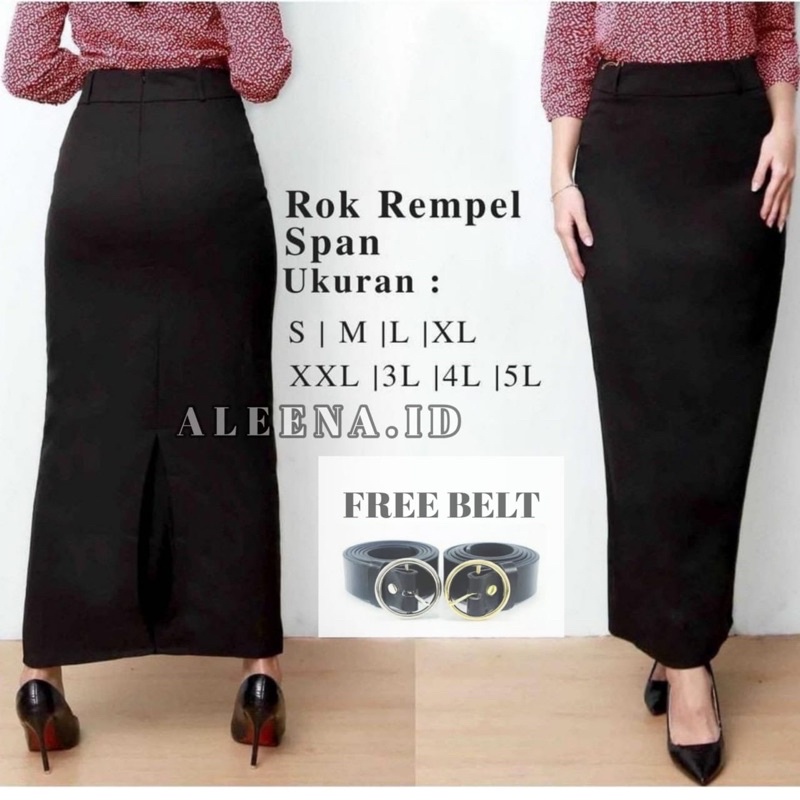 Rok Kerja Wanita Panjang / Rok Formal Rempel Span / Rok Kerja Kantor Wanita / Rok Polos Span Wanita-Rok span hitam+belt