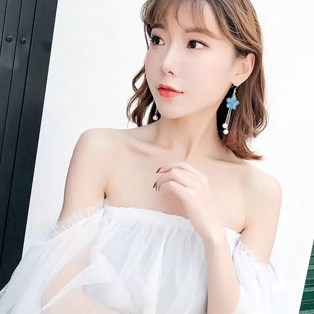 Anting Hijab Anting Hooks Style Korea Kekinian Model Bunga Kombinasi Rantai Dan Mutiara Import 419