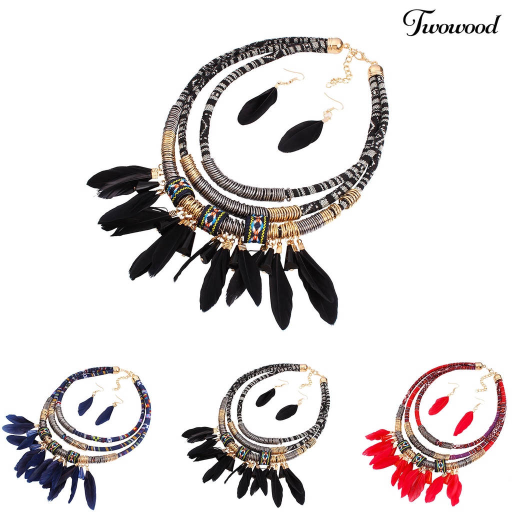 2pcs / Set Kalung Anting Rumbai Bulu Multilayer Bahan Alloy Gaya Bohemian Etnik Untuk Aksesoris Perhiasan