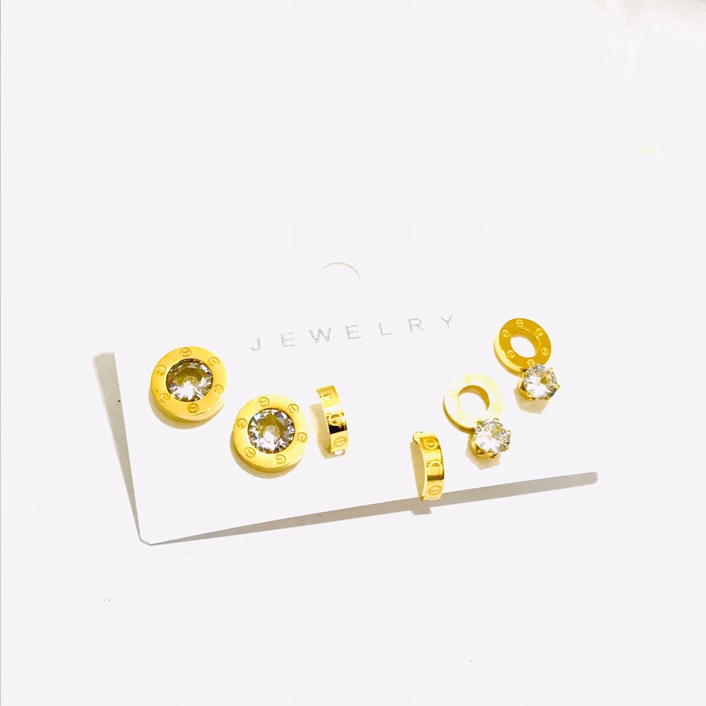 Anting Titanium Set Isi 3 Wanita Lapis Emas Anti Karat AT-84-27