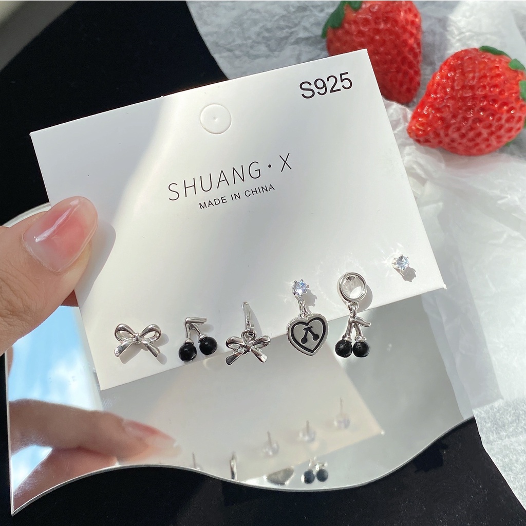 IFYOU 6pcs / set Anting Tusuk Gantung Desain Buah Ceri Hitam / Pita Gaya Korea / Vintage Untuk Wanita