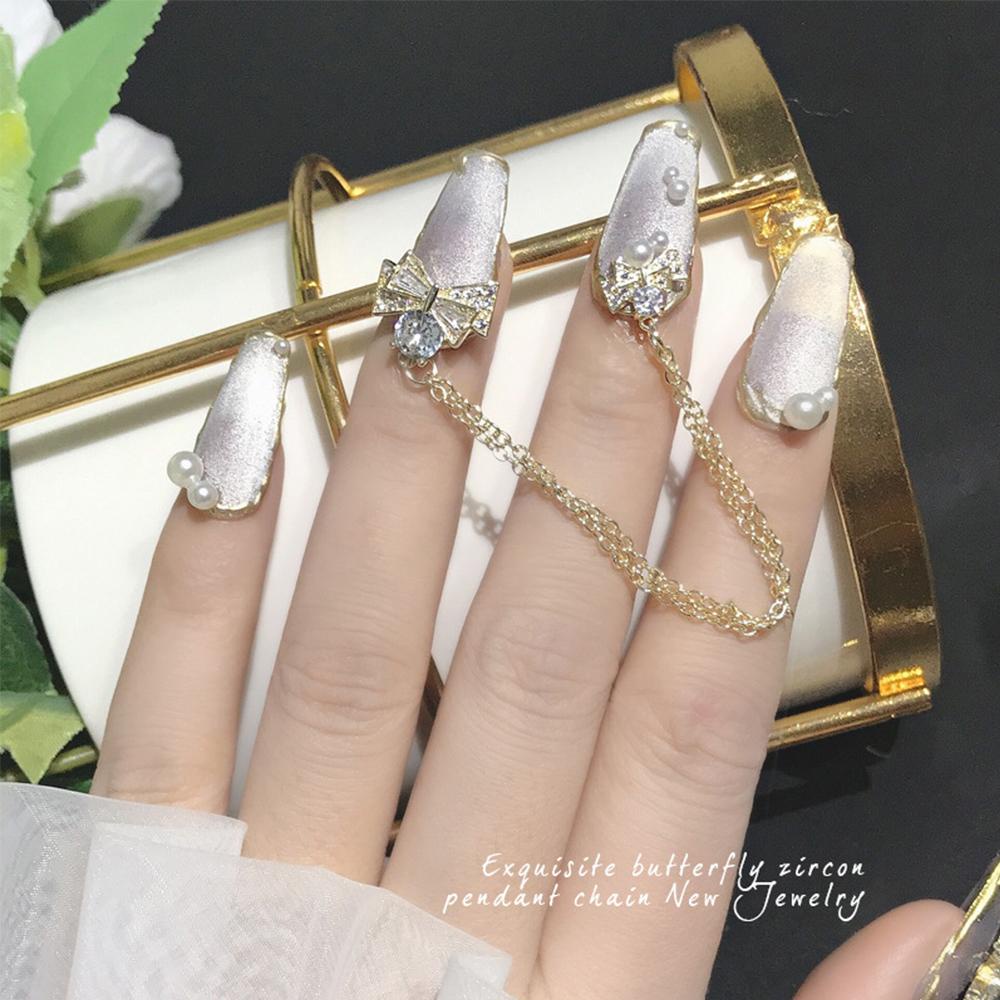 Needway Kuku Rhinestones Bunga Shiny Charms Butterfly Manicure Bear Zirkon Logam Liontin Rantai