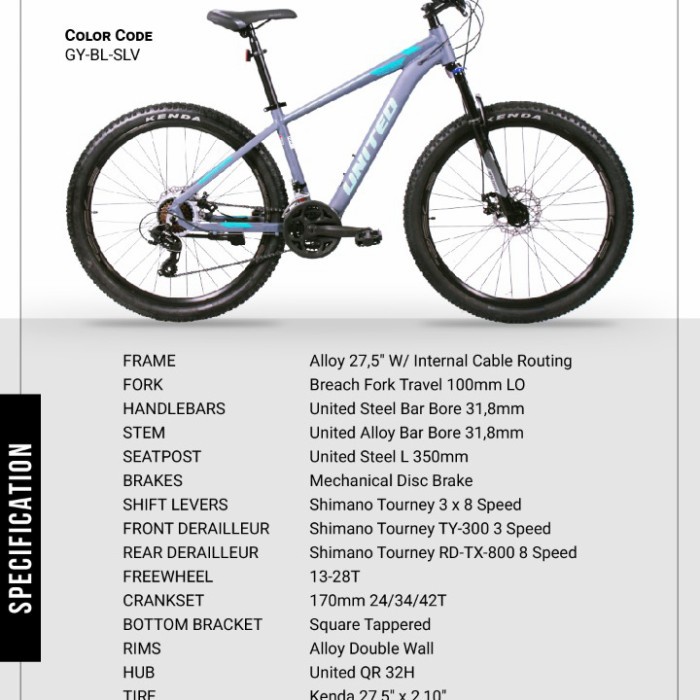 Sepeda Gunung MTB United Monanza 4.1 8 Speed 27,5 Inch New 2021 - GY-BL-SLV