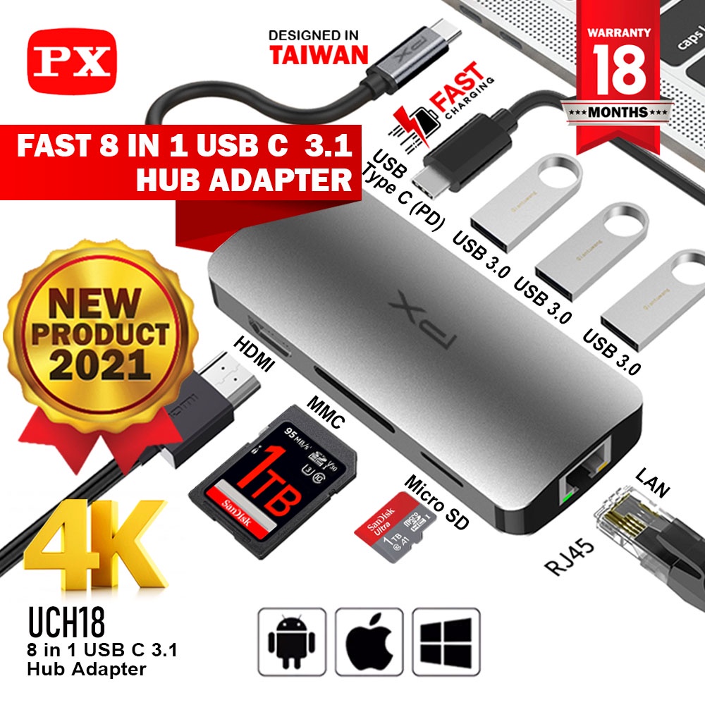 USB HUB C 3.1 HDMI 4K MMC SD CARD LAN RJ45 FAST CHARGING 8in1 PX UCH18
