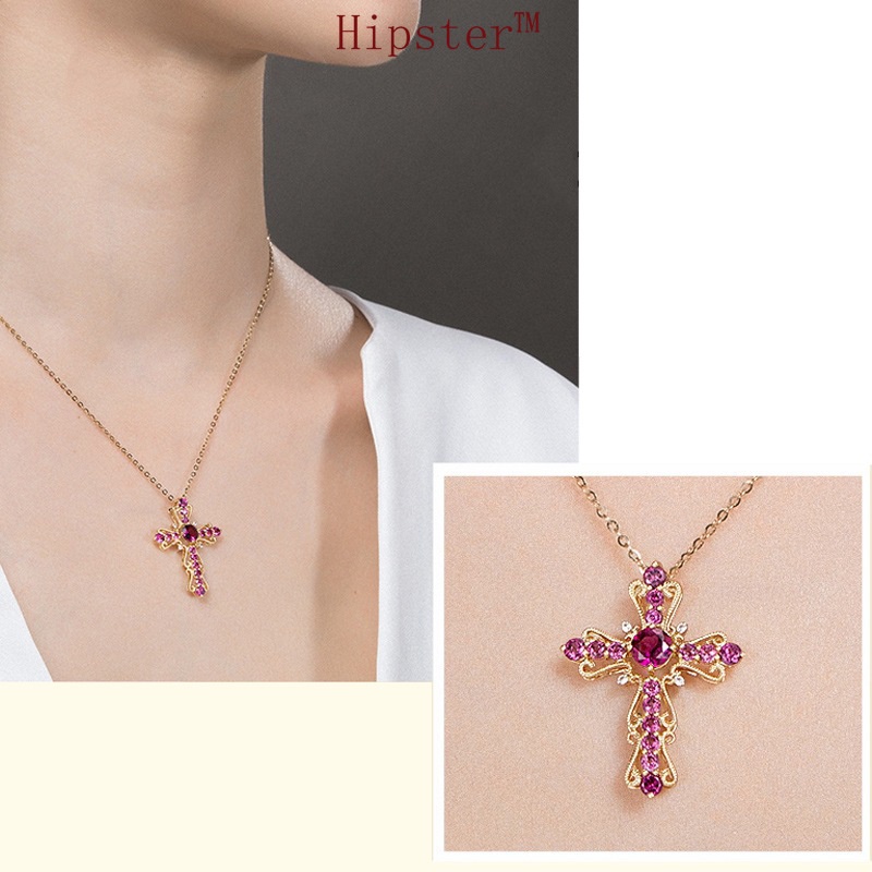 Hot Sale Refined Rhinestone Hollow Natural Ruby Cross Pendant Necklace