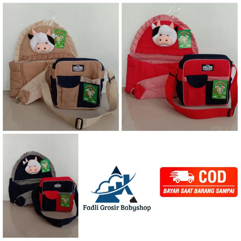 Paket Hemat ( 2 in 1 ) Tas Bayi Dan Samping Bayi Topi Boneka Sapi Terbaru