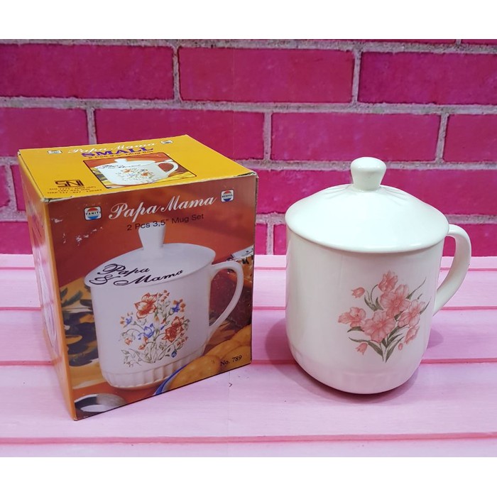 Taniti Mug Gelas Tutup Keramik Motif Bunga Gelas Motif Papa Mama