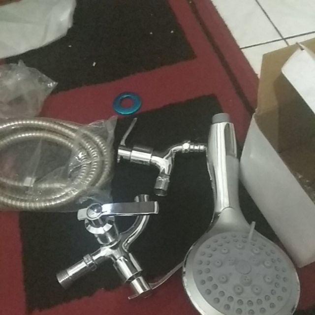 Paket Kran Shower Dobel Hand Shower 12cm 5 Fungsi Shower Selang 1,5m