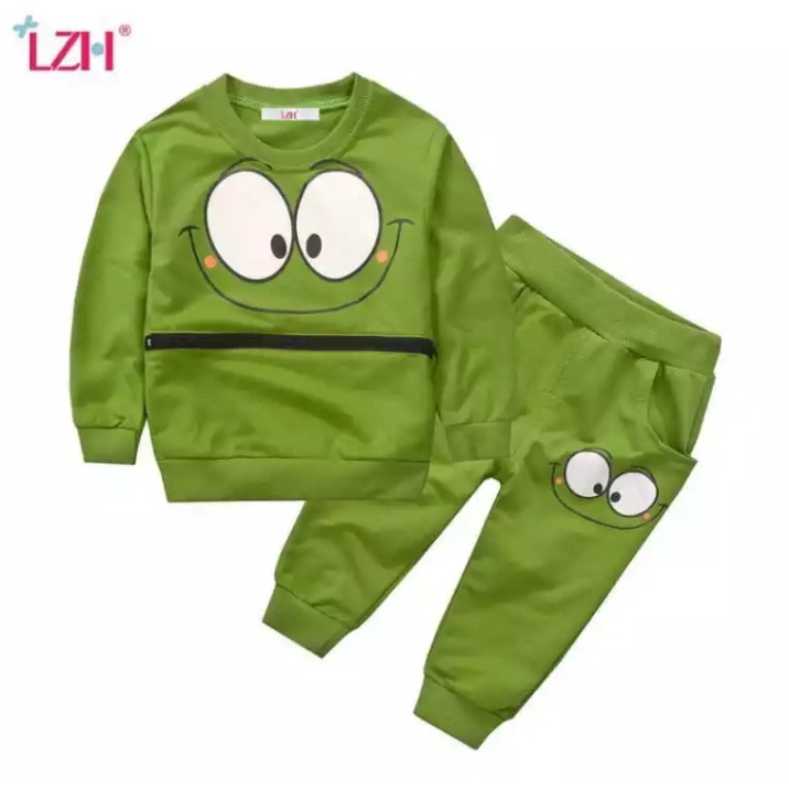 FLECCE SET | SETELAN SWEATER ANAK PEREMPUAN SWEATER KEROPPI 2 WARNA 1-5 TAHUN -ORANYE-HIJAU