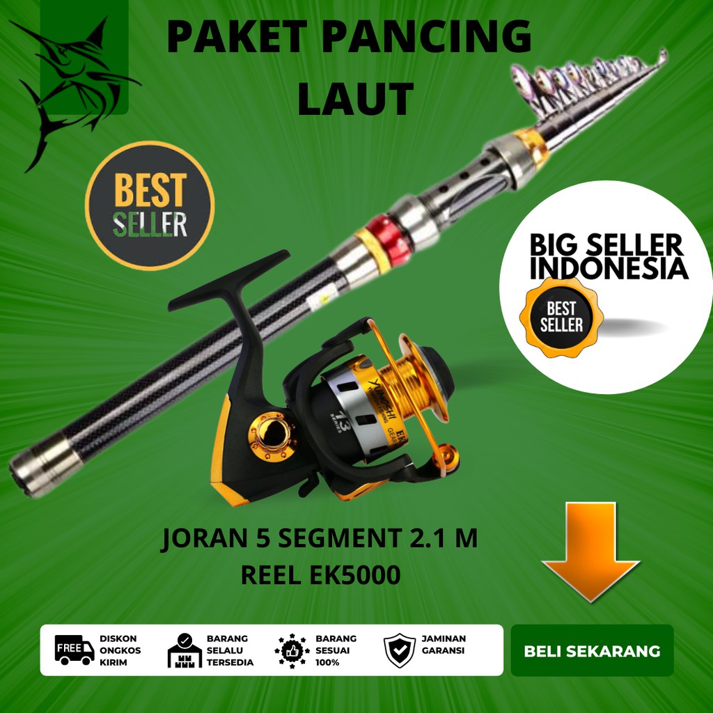 PAKET Mancing Mania Set Pancing Laut 3 in 1 Joran 2,1 Meter Reel Size 5000 BERAT 1KG