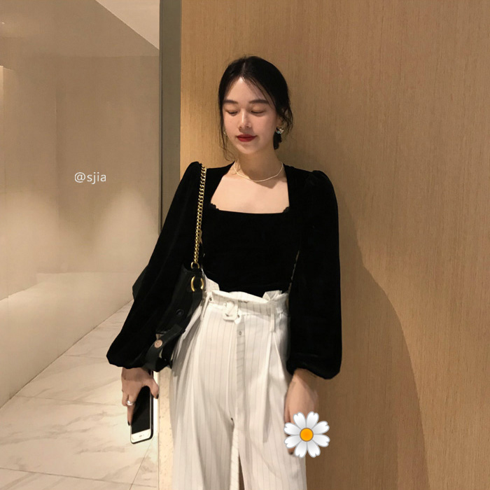 Blus Square Neck Lengan Puff Panjang Warna Hitam Gaya Korea Untuk Wanita