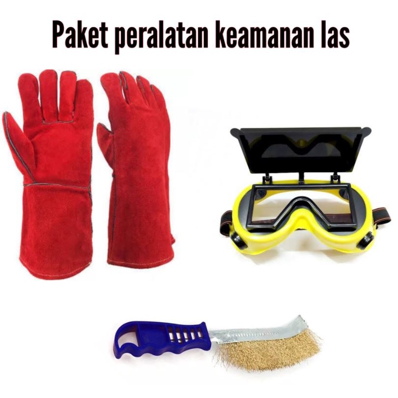 [PAKET 2 ITEM] Sarung Tangan Las Listrik Kulit Anti Api,kacamata las buka tutup / Safety Gloves free sikat baja