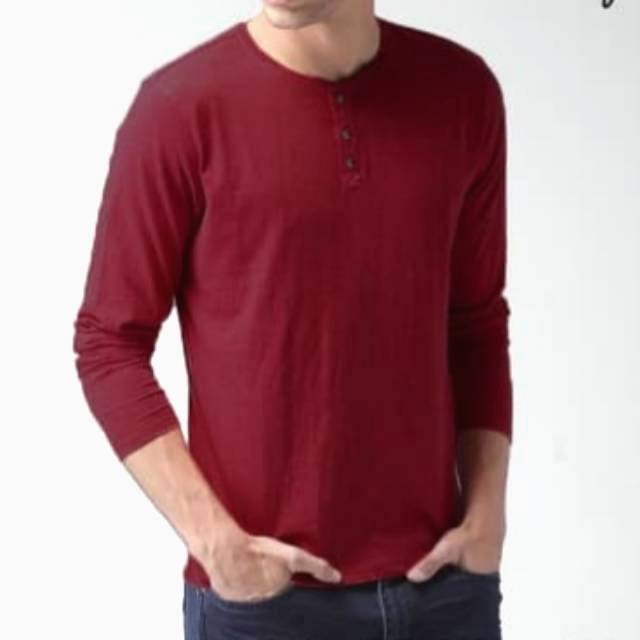 Kaos Henley Kancing Polos LENGAN PANJANG - MERAH MAROON