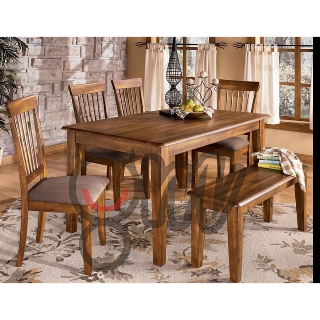 Set Meja Kursi Makan dan Bangku - Meja Makan 4 Kursi plus 1 Bangku Jati Jepara