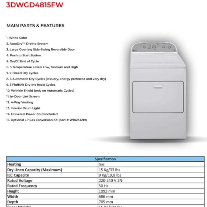 Mesin Pengering Pakaian Dryer Gas Laundry Whirlpool 15 Kg