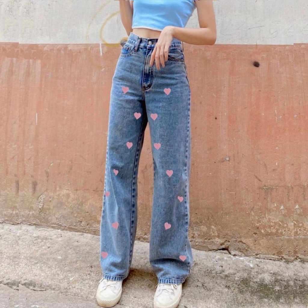 Celana Panjang Kulot Jeans Highwaist Wanita BF Jeans Bordir Love Pink Zanina