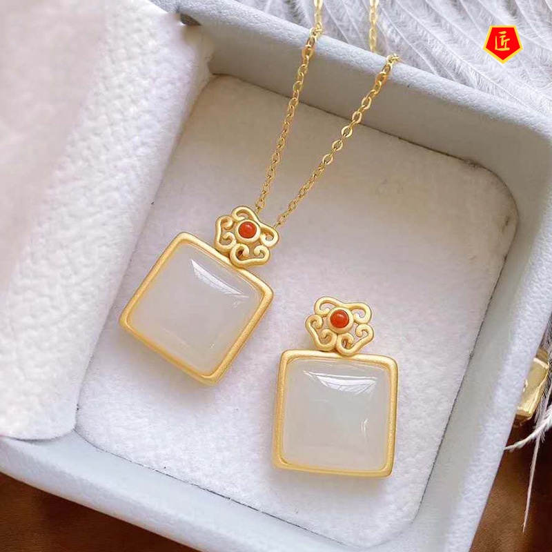 [Ready Stock]Hetian Jade Necklace Women's Small Square Pendant Chinese Style Classical Retro