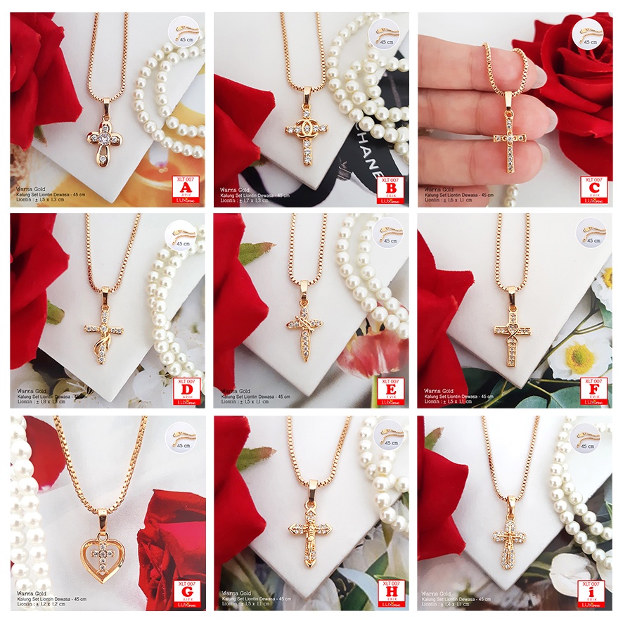 XLT 007  Kalung Set Liontin Salib Kristen Katolik Dengan Permata Sirkon Perhiasan Lapis Emas Imitasi 18K Aksesoris Rohani Salib Corpus Tubuh Yesus Rosario Kalung Xuping 45 cm Luxx Xuping