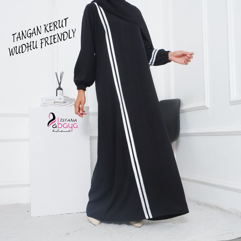 abaya List Sport dg aksen list pita putih yg elegan cantik simpel sporty