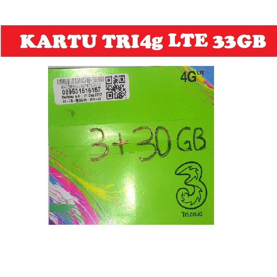 Kartu Perdana Tri 33 GB 4G LTE ( Kuota 24jam ) | Three / Tri 33GB Saingan Nya 30GB