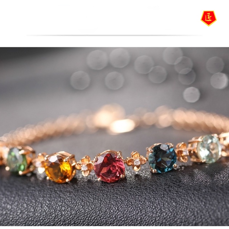 [Ready Stock]Inlaid Colored Gem Tourmaline Bracelet 18K Gold