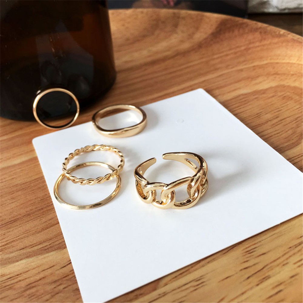 5pcs / Set Cincin Model Twist Bahan Metal Warna Emas Gaya Retro Korea Untuk Aksesoris