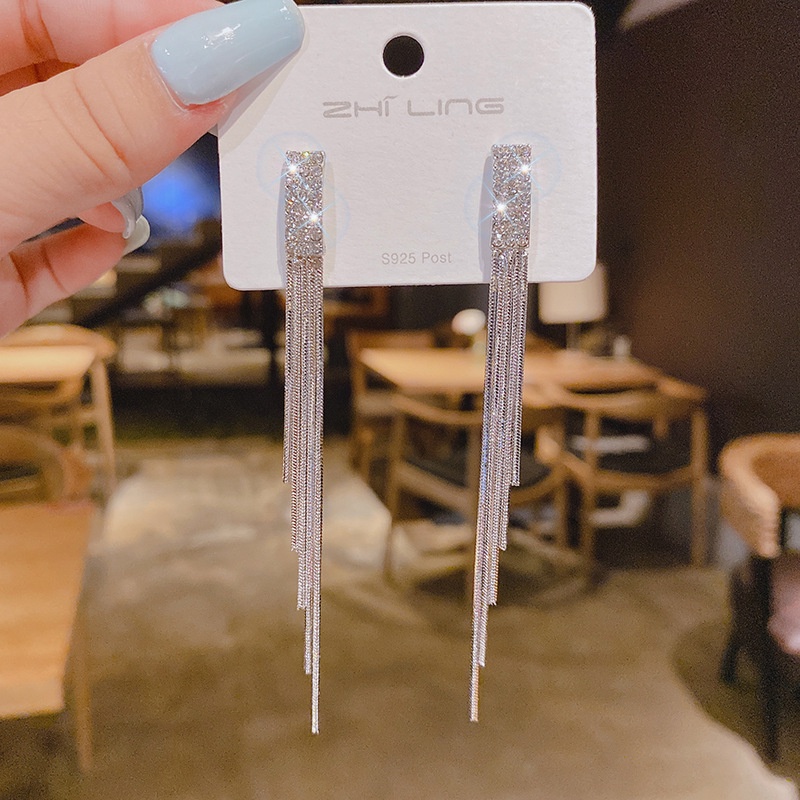925Jarum Perak Gaya Korea Penuh DiamondinsPanjang Rumbai Anting-Anting Wanita Korea Selatan Dongdaemun Sederhana Dingin Telinga Cincin-3