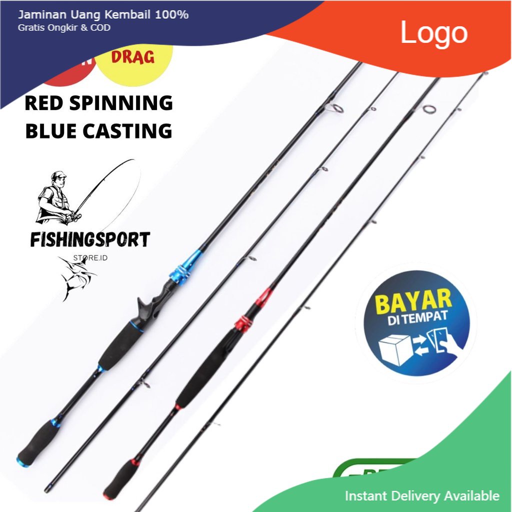 Joran Pancing Fishing Rod Carbon Bahan Serat Karbon Warna Red Spinning Blue Casting Ukuran 2.1m 2.4m