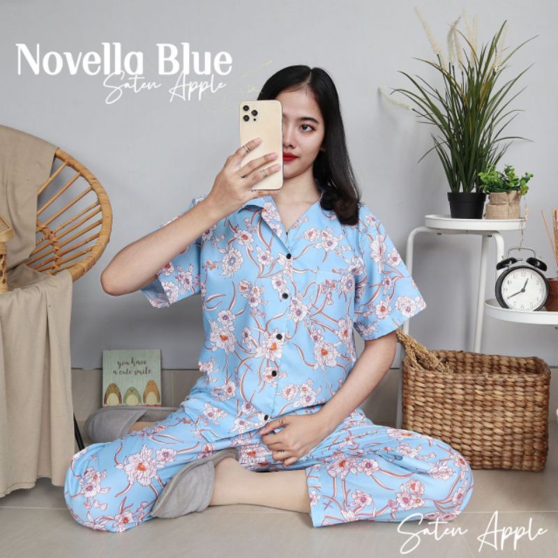 Baju Tidur Piyama Wanita Dewasa Piyama Baju Santai Motif Bunga-Novella blue
