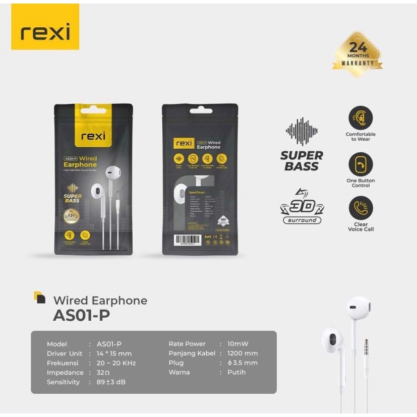 HEADSET REXI WIRED AS01-P IN EAR SUPER BASS