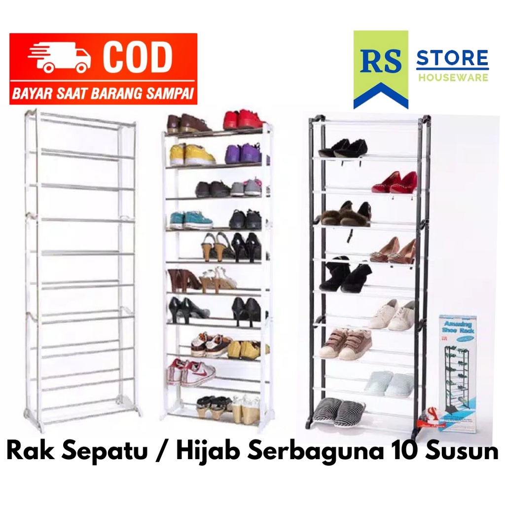 Rak sepatu susun besi /rak hijab jilbab serbaguna amazing shoe 10 susun / rak portable pipa besar 10