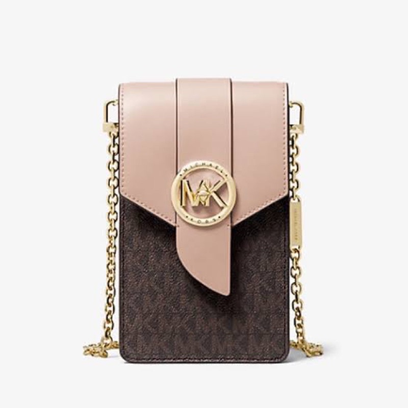 Michael Kors MK Small Logo Leather Phone Smartphone Crossbody Bag Brown Soft Pink