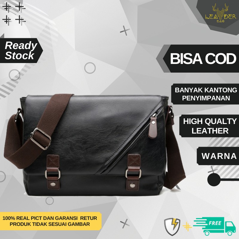 Tas Selempang Laptop Kulit Pria Terbaru 2021 Original Warna Hitam / Tas Messenger Kulit Kerja Cowok