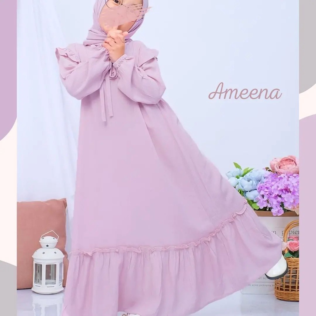 Ameena / Baju Gamis Anak Cewek Plus Pashmina Terbaru Matt Crinkle Airflow / Fashion Muslim Anak Perempuan Murah / GOM