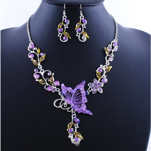 SIY  Hot Elegant Butterfly Flower Rhinestone Pendant Necklace Earrings Jewelry Set