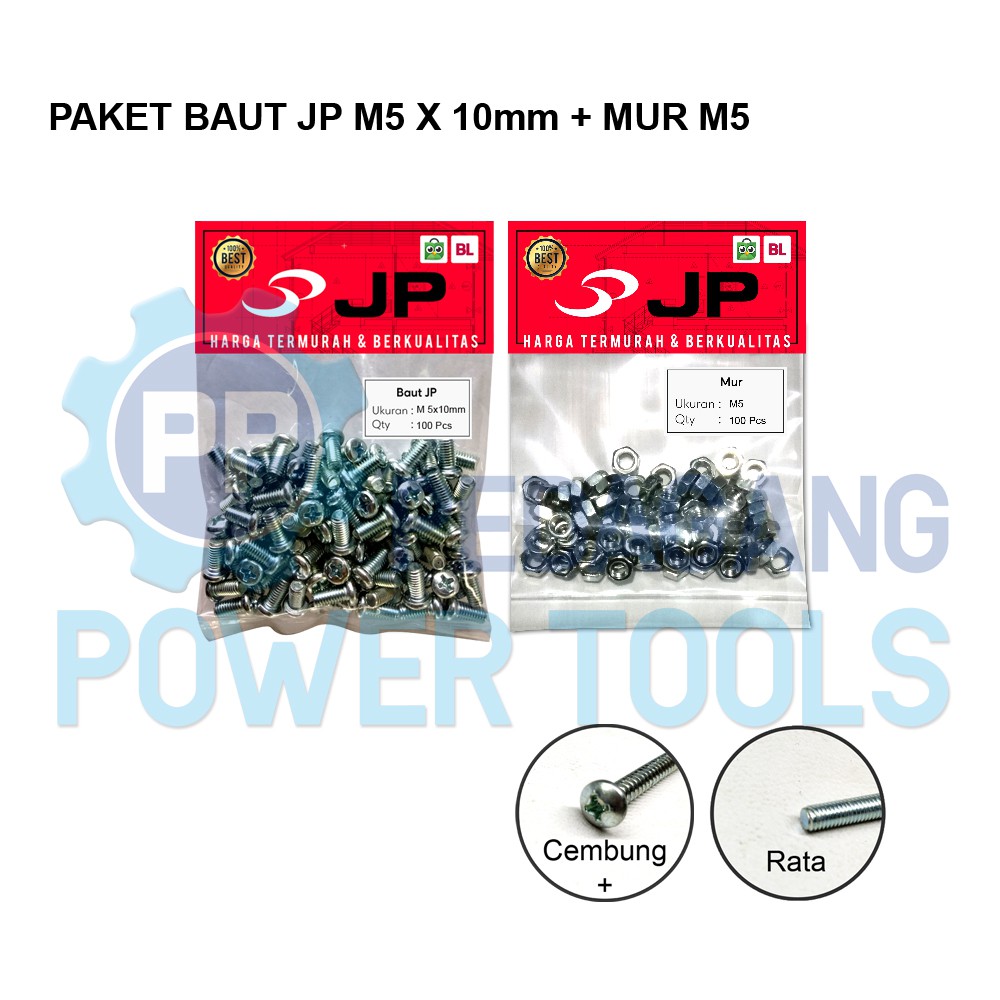 PAKET 2 SET BAUT MUR 5x10 BAUT JP M 5 x 10 MM MUR M5 SKRUP ISI 100 PCS