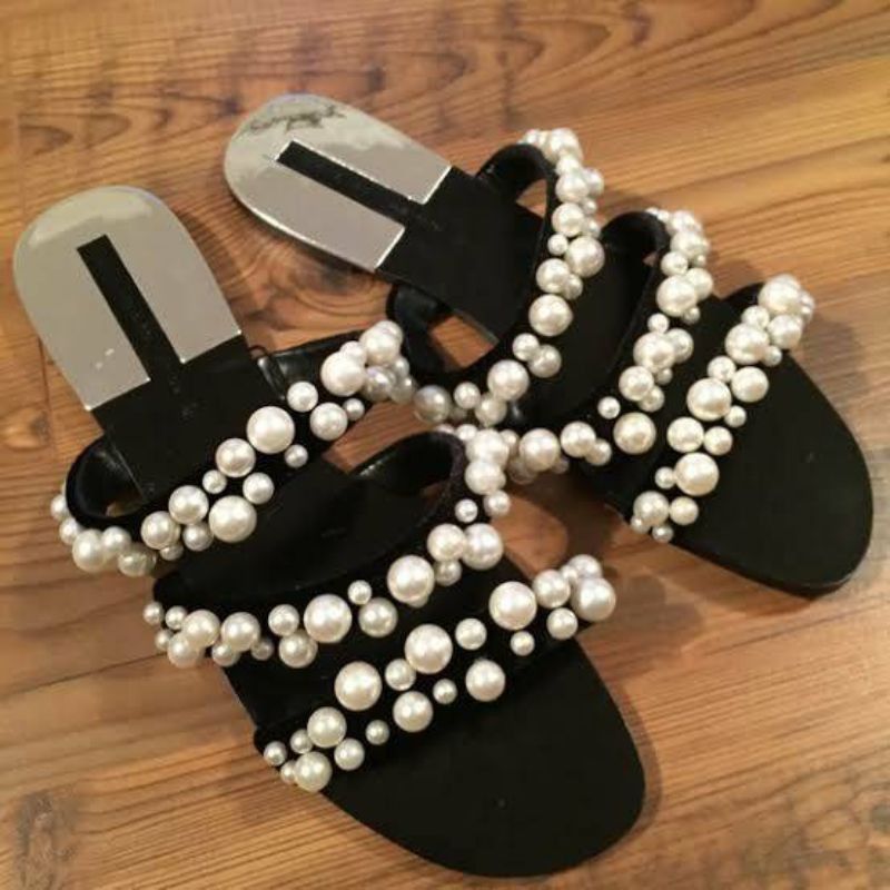 Zara Pearl Strappy Flat Sandals