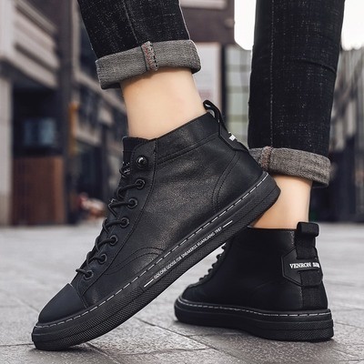 Sepatu Skate Model Baru Musim Gugur Musim Dingin 2021 Sepatu Kulit Pria Tambah Beludru Tinggi Sepatu