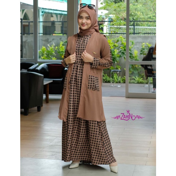 gamis set cardigan outer wanita terbaru andara kotak ori zahin