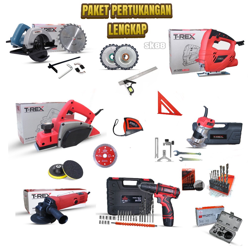 PROMO KEMERDEKAAN !!! PAKET TUKANG KAYU TERLENGKAP MESIN SERUT KAYU + CIRCULAR SAW + BOR CAS 12V VARIABLE + GERINDA 4 INCH + MESIN PROFIL + MESIN JIGSAW ORIGINAL TERJAMIN BERKUALITAS DAN RAMAH DI KANTONG UNTUK SEMUA KEPERLUAN PERTUKANGAN / TUKANG KAYU