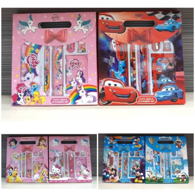 

Alat tulis set/stationery set cars, little pony, mickey, princess, doraemon