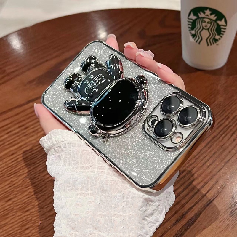 Case Stand Electroplating Glitter Astronot Dengan Lensa Film Anti Gores Untuk iPhone 14 Plus 14 Pro max 13 Pro max 12 Pro max 11 Pro max