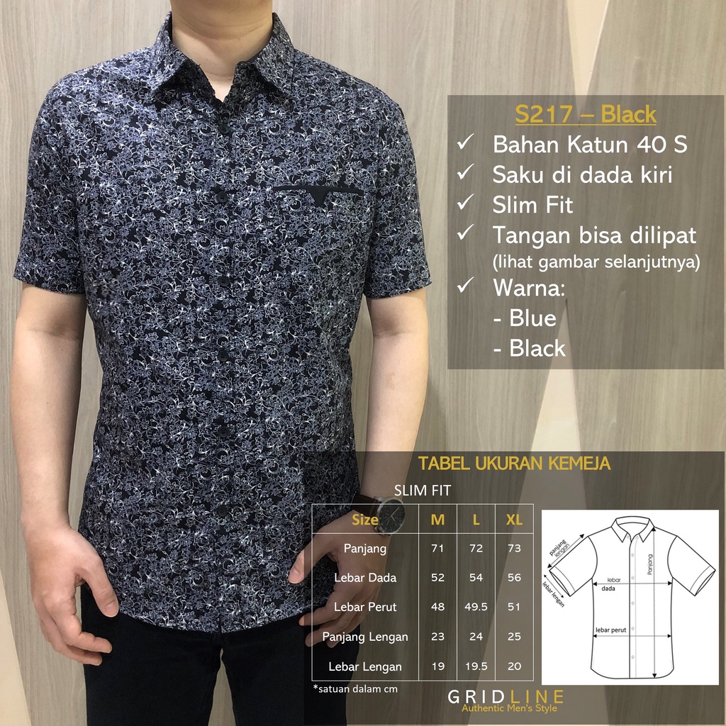 [GRIDLINE - S217 Blue &amp; Black] Kemeja Print Pria Katun Lengan Pendek Slimfit Simpel Modern M-XXL