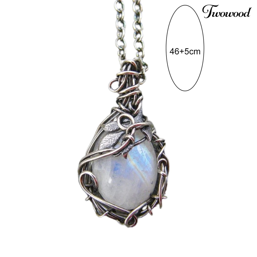Twowood Clavicle Necklace Extension Chain Leaf Print Fine Workmanship Faux Moonstone Pendant Charm Necklace for Women