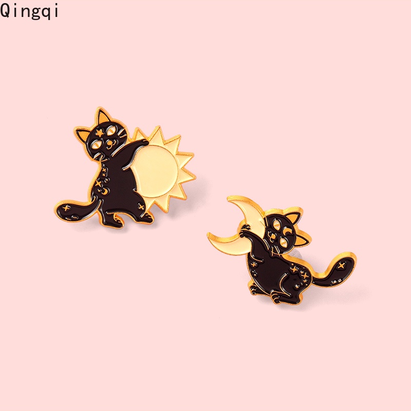 Bros Pin Enamel Bentuk Kucing Hitam Bulan Bintang Untuk Pakaian