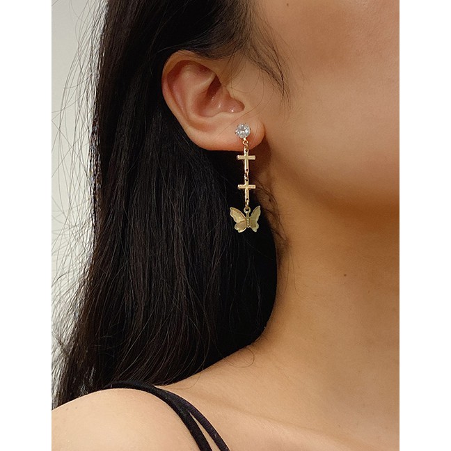 LRC Anting Tusuk Fashion  Butterfly Glass Rhinestone Cross Alloy Earrings K97911