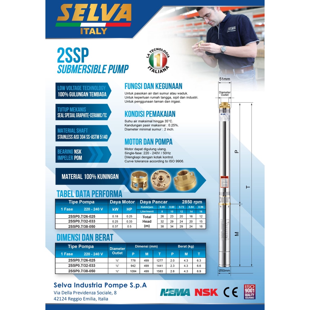Pompa Air Celub Satelit 2 Inch 0.25 0.33 0.50Hp 220V 2SSP0.7 SELVA / Submersible Pump Celup 2" Kabel 30M SELVA
