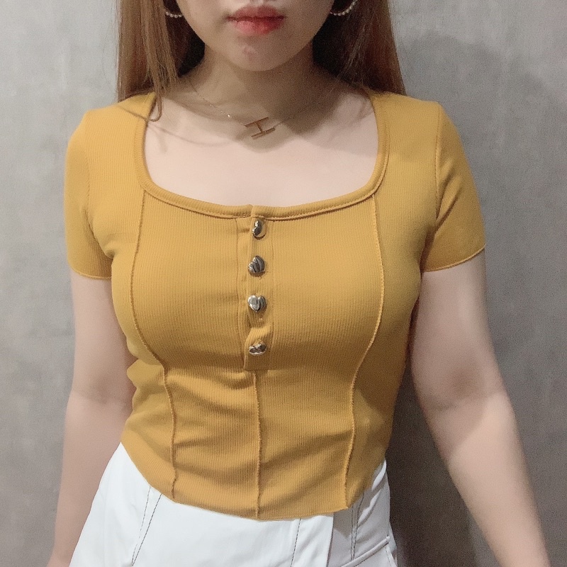 Love Button Crop Top | Atasan Wanita Korean Fashion | Maimon Grosir